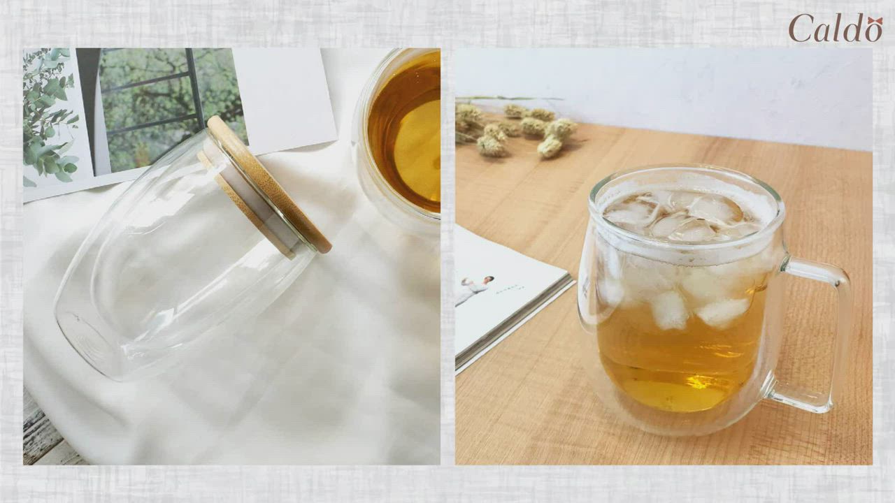 【Caldo卡朵生活】萃時尚雙層隔熱附木蓋玻璃杯350ML(快) product video thumbnail
