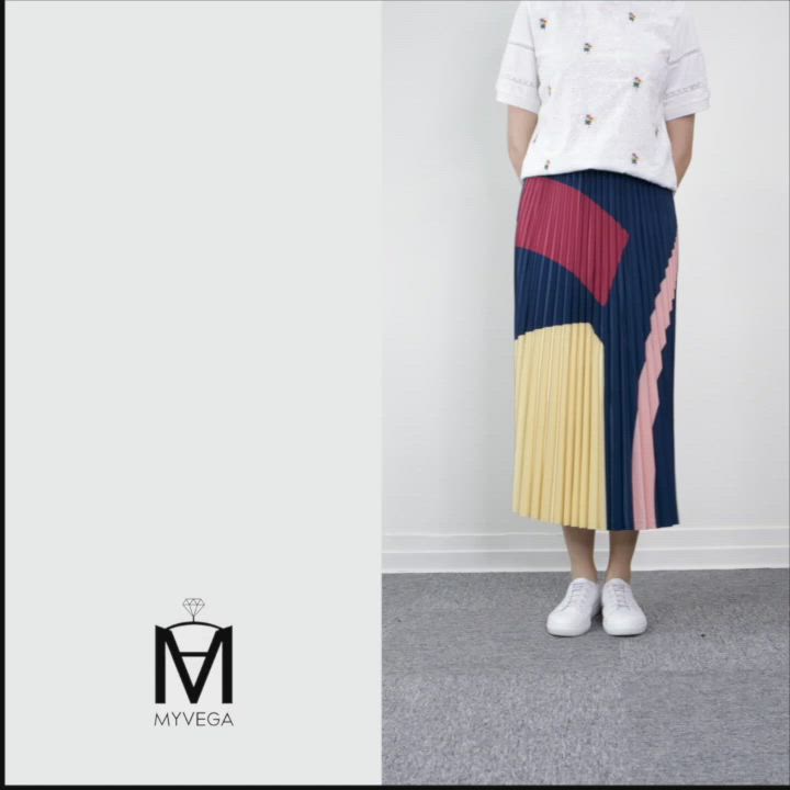 MYVEGA麥雪爾 MA大色塊彈性腰頭百褶長裙-深藍 product video thumbnail